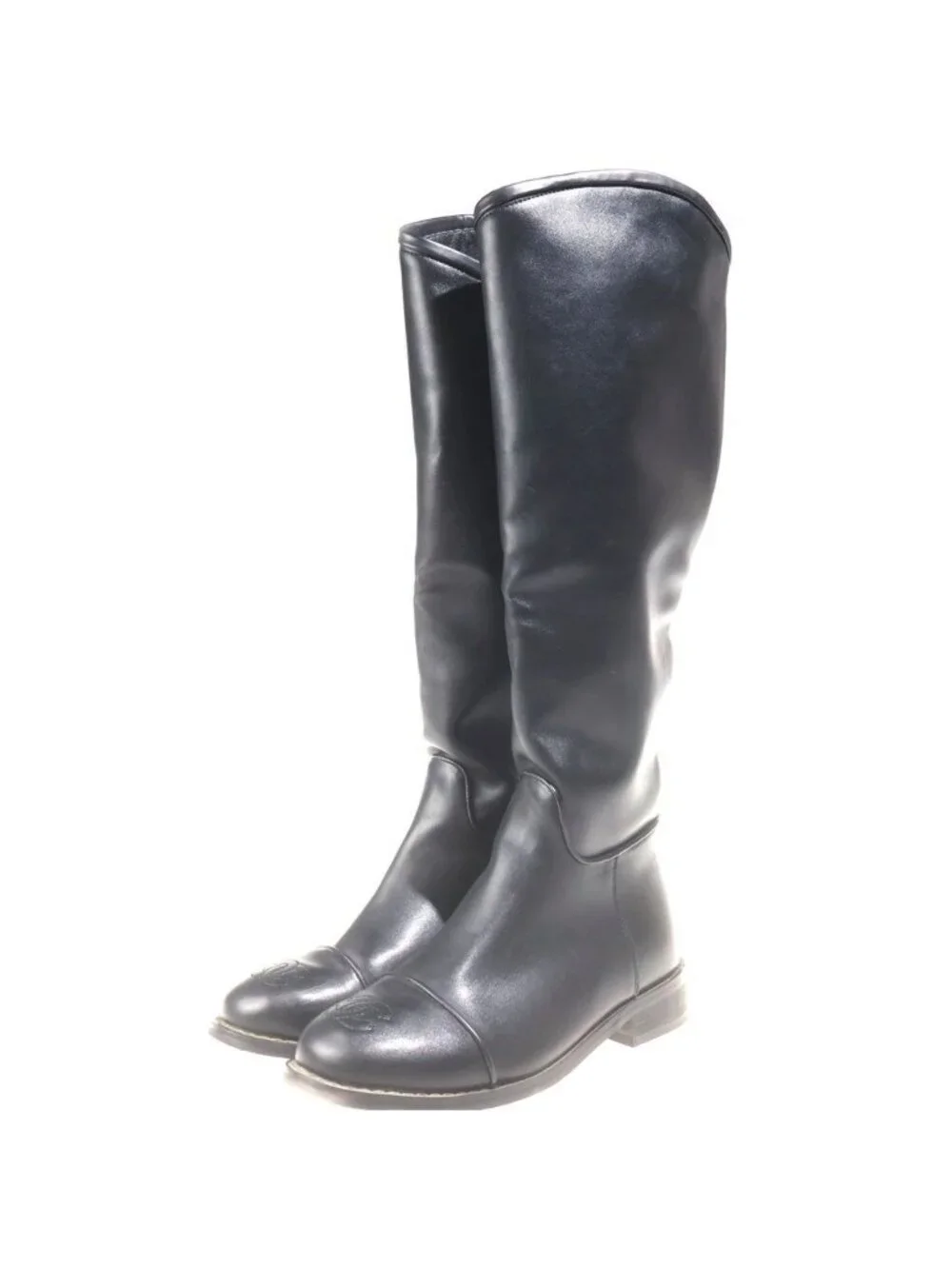 Chanel CC Logo Back Zip Leather Long Boots Black